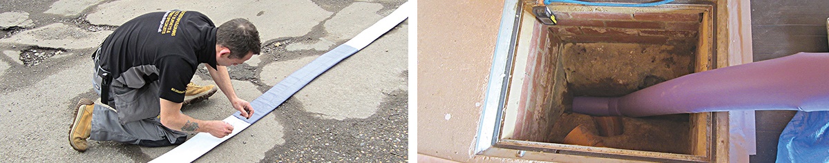 The drain liner being prepared prior to installation. It is made of polyester, so it stores flat and flexible. The liner is impregnated with resin, once installed and inflated to the host pipe the resin cures and solidifies. 